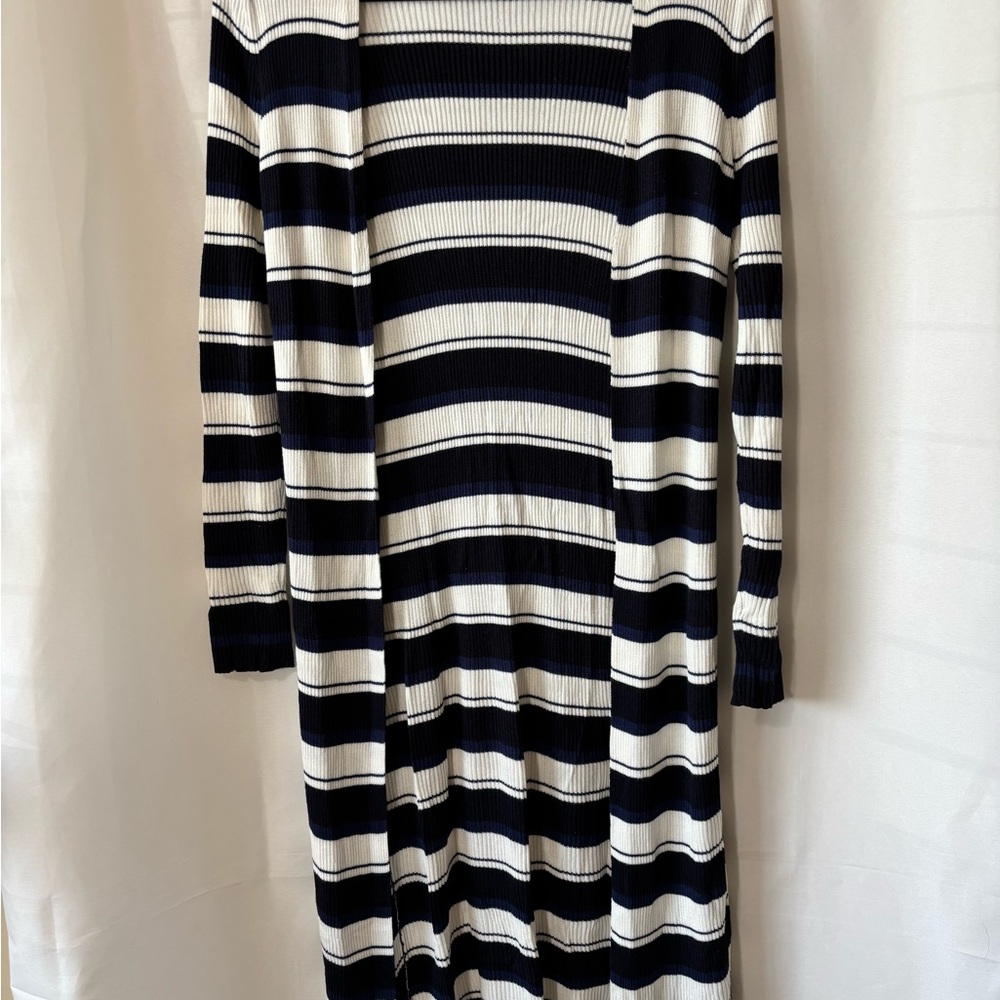 Philosophy Long Open Cardigan Black/Navy/White Striped Sz Med